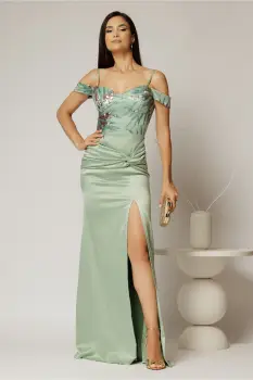 Rochie lunga verde fistic de ocazie din taftasi paiete imagine
