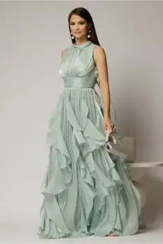 Rochie lunga verde menta de seara cu volanase din voal peliculizat imagine