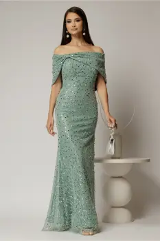 Rochie lunga verde menta de seara din dantela cu perle si paiete imagine