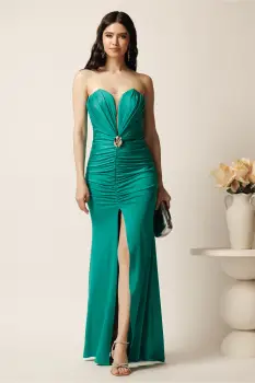 Rochie lunga verde mulata din lycra cu fronseu si accesoriu- LaDonna imagine