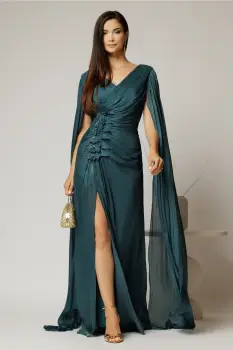Rochie lunga verde petrol de sera din voal peliculizat cu aplicatii pe talie imagine