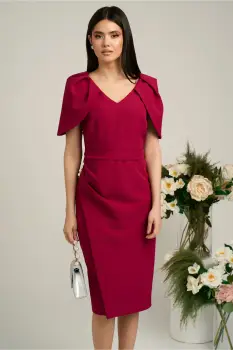 Rochie magenta de ocazie cu maneci lalea si perle pe talie imagine