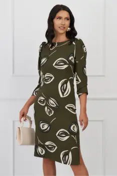 Rochie Mara kaki cu imprimeuri bej si aplicatie tip lant imagine