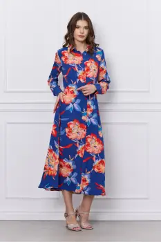 Rochie Mary albastra cu imprimeu corai si nasturi imagine