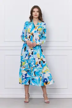 Rochie Mary bleu cu imprimeu galben si nasturi imagine