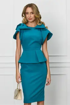 Rochie MBG albastru petrol cu funde pe umeri si peplum in talie imagine