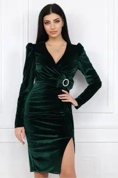 Rochie MBG eleganta de ocazie din catifea verde cu catarama si funda in talie imagine