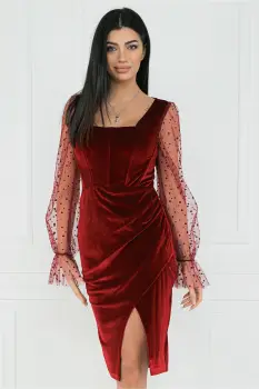 Rochie MBG eleganta din catifea bordo cu maneci din tull cu buline imagine