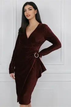 Rochie MBG eleganta din catifea burgundy cu insertii din fir lurex si catarama in talie imagine
