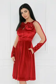 Rochie MBG eleganta din catifea rosie cu maneci din tull si floare pe bust imagine