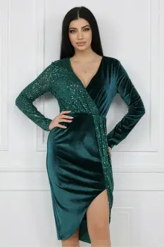 Rochie MBG eleganta din catifea verde cu paiete pe o parte imagine