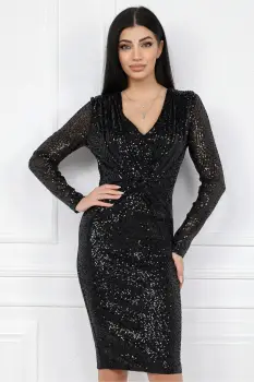 Rochie MBG eleganta din paiete negre cu pliuri pe bust imagine