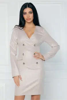 Rochie MBG elganta tip sacou din stofa bej cu imprimeu pepit imagine