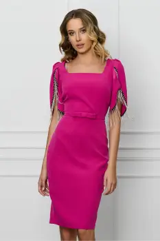 Rochie MBG fucsia cu franjuri din strasuri la maneci imagine