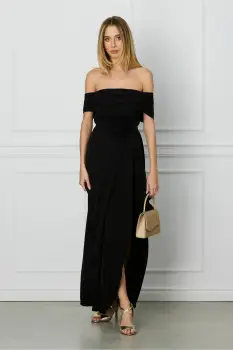 Rochie MBG neagra lunga cu trandafir in talie imagine