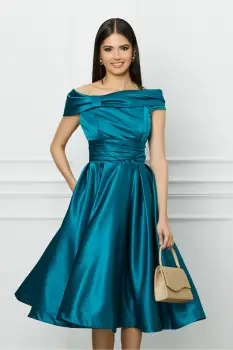 Rochie MBG turcoaz din tafta cu umeri goi imagine