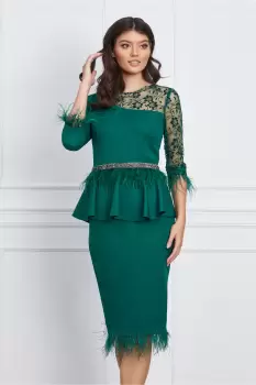 Rochie MBG verde cu dantela si pene imagine