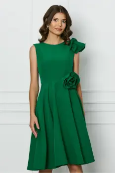 Rochie MBG verde cu floare in talie si volanas pe un umar imagine