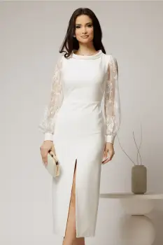 Rochie midi alba conica cu maneci din dantela si guler barcuta imagine
