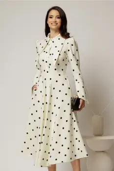 Rochie midi alba cu buline si guler ascutit imagine
