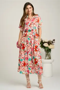 Rochie midi alba cu flori corai din viscoza in clini cu nasturi si cordon in talie imagine