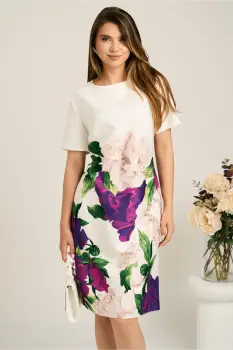 Rochie midi alba cu flori mov din stofa cu croi drept imagine