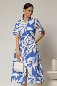Rochie midi alba cu imprimeu albastru tip camasa din poplin cu cordon in talie imagine