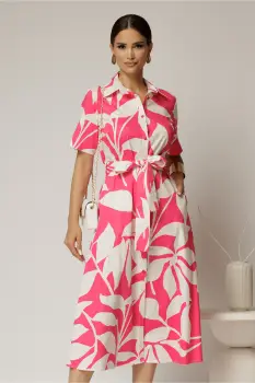 Rochie midi alba cu imprimeu fucsia tip camasa din poplin cu cordon in talie imagine