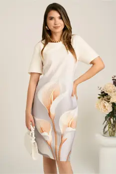 Rochie midi alba cu imprimeu gri si flori maro din stofa cu croi drept imagine