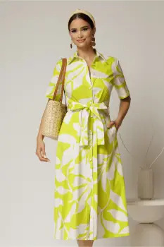 Rochie midi alba cu imprimeu verde neon tip camasa din poplin cu cordon in talie imagine