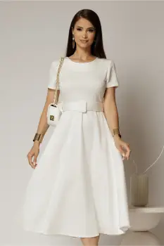 Rochie midi alba cu maneca scurta si curea in talie cu adaos de viscoza imagine