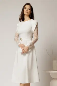 Rochie midi alba cu maneci din dantela si cordon detasabil imagine