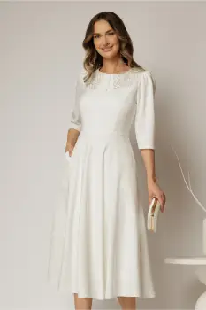 Rochie midi alba de ocazie cu nasturi pe bust si guler cu broderie si margele imagine