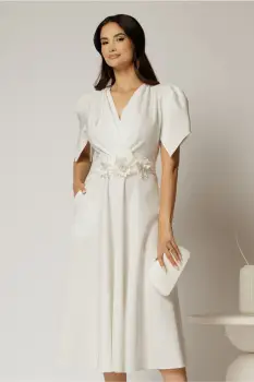 Rochie midi alba de ocazie cu pliuri pe bust si cordon detasabi cu flori imagine