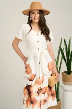 Rochie midi alba din satin cu imprimeuri florale maro la baza si cordon in talie imagine