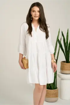 Rochie midi alba din tencel creponat cu croi tip A si nasturi la bust imagine