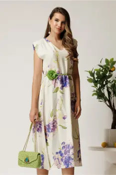 Rochie midi alba din viscoza cu imprimeuri mov in clos cu floare in talie imagine