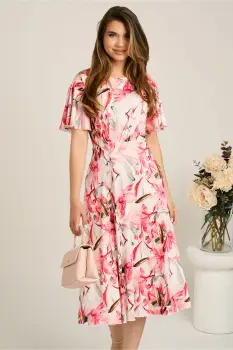 Rochie midi alba din viscoza in clos cu flori fucsia imagine