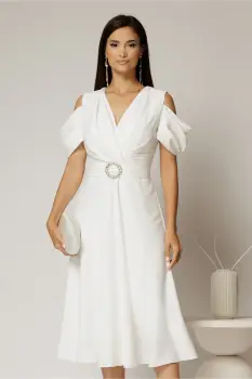Rochie midi alba din voal in clos cu decupaje la umeri si cordon in talie imagine