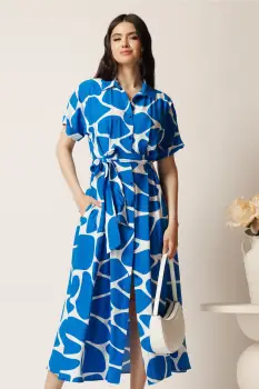 Rochie midi albastra cu alb din viscoza in clini cu nasturi si cordon in talie imagine