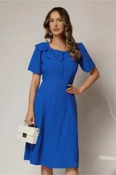 Rochie midi albastra cu funda la umar si croi in clini imagine