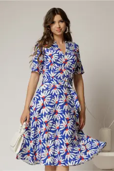Rochie midi albastra cu imprimeuri florale cu decolteu in V si cordon cu catarama in talie imagine