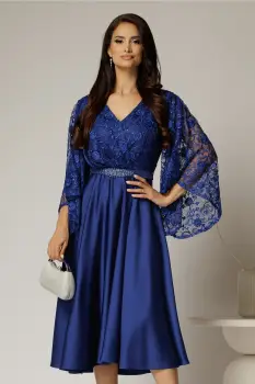 Rochie midi albastra de ocazie din satin si dantela imagine
