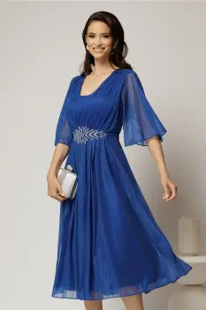 Rochie midi albastra de ocazie din voal cu sclipici si accesoriu talie imagine