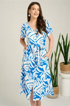 Rochie midi albastra din bumbac cu imprimeuri albe si cordon in talie imagine