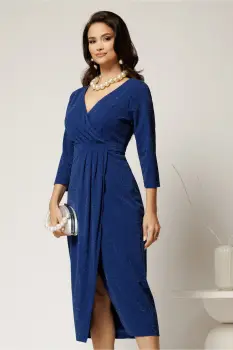 Rochie midi albastra din lurex cu croi conic si fusta petrecuta imagine