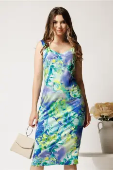 Rochie midi albastra din lycra cu croi drept si imprimeu verde imagine