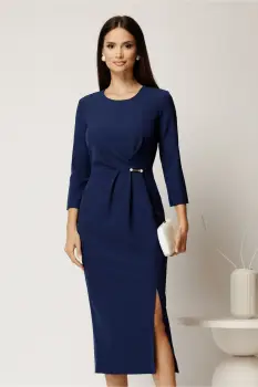 Rochie midi albastra din stofa conica cu pense si accesoriu in talie imagine