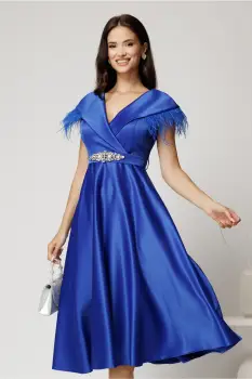 Rochie midi albastra din tafta cu pene la umeri si cordon in talie imagine