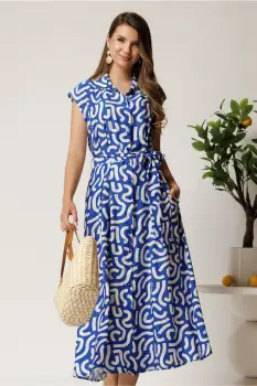 Rochie midi albastra din viscoza cu imprimeu alb si cordon imagine